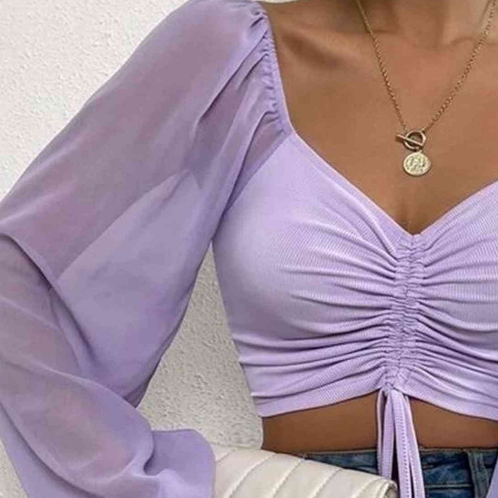 Purple Ruched Crop Top with Mesh Long Sleeves Size Small
